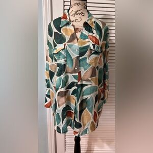 Alfred Dunner Teal and Orange Leaf Print Shirt
